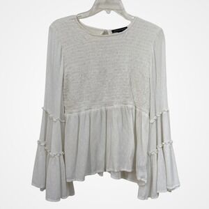 American Eagle White Ruched Blouse Women M Long Sleeves Boho Cottage Cute Summer